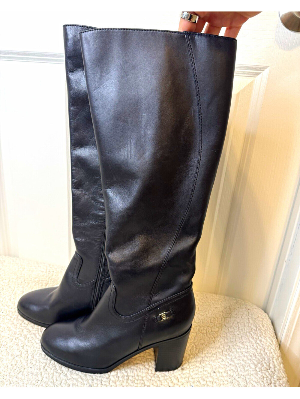 Giani Bernini Black Leather Knee-High 3.5” Block Heel Riding Boots Zip, Size 9.5